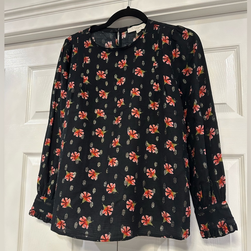 LOFT Black Red and Pink Floral Blouse